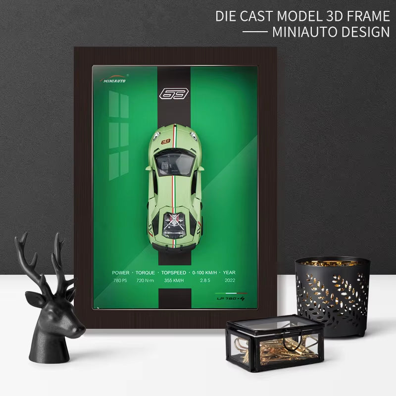 1:32 Sports Car Model 3D Photo Frame Alloy Metal Diecast Auto Simulation Racing Gift Decoration Pull Back Home Wall Ornament Boy
